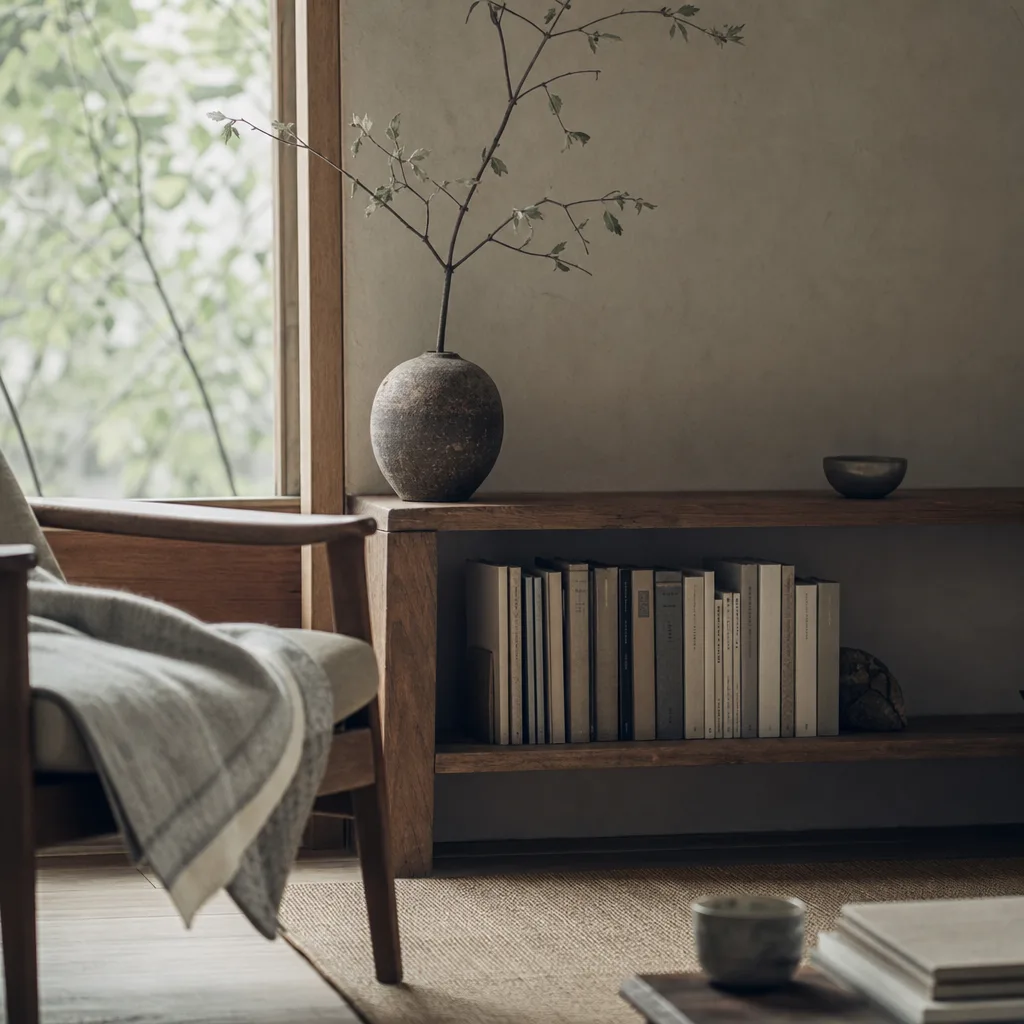 A pared-back reading corner with a low shelf of a few well-kept books