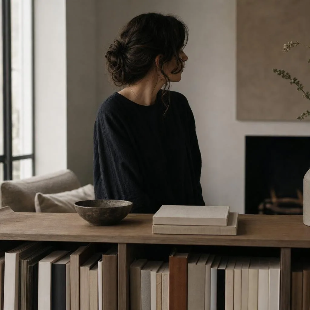 A calm reading corner with a low shelf of just a few well-kept books