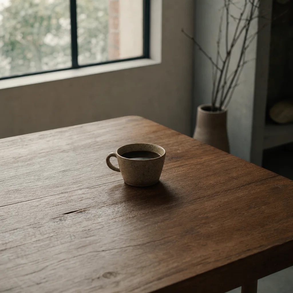 A single cup of coffee on a clear wooden table with nothing else on it