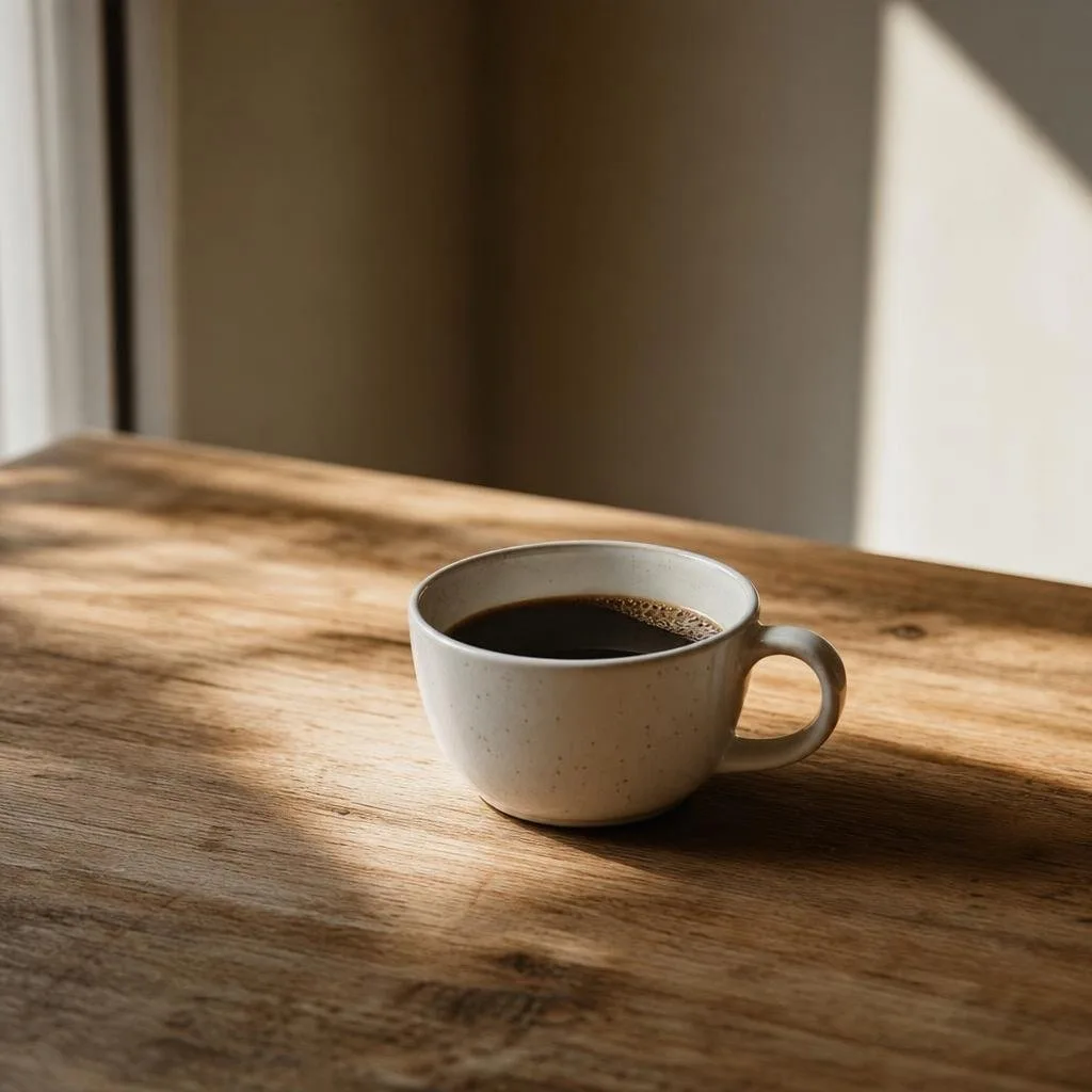 A single cup of coffee on an otherwise empty table