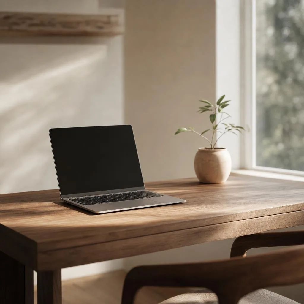 A clear wooden desk holding only a laptop and a single small plant
