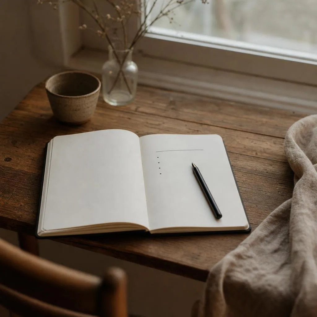 An open notebook with a short handwritten list and one pen